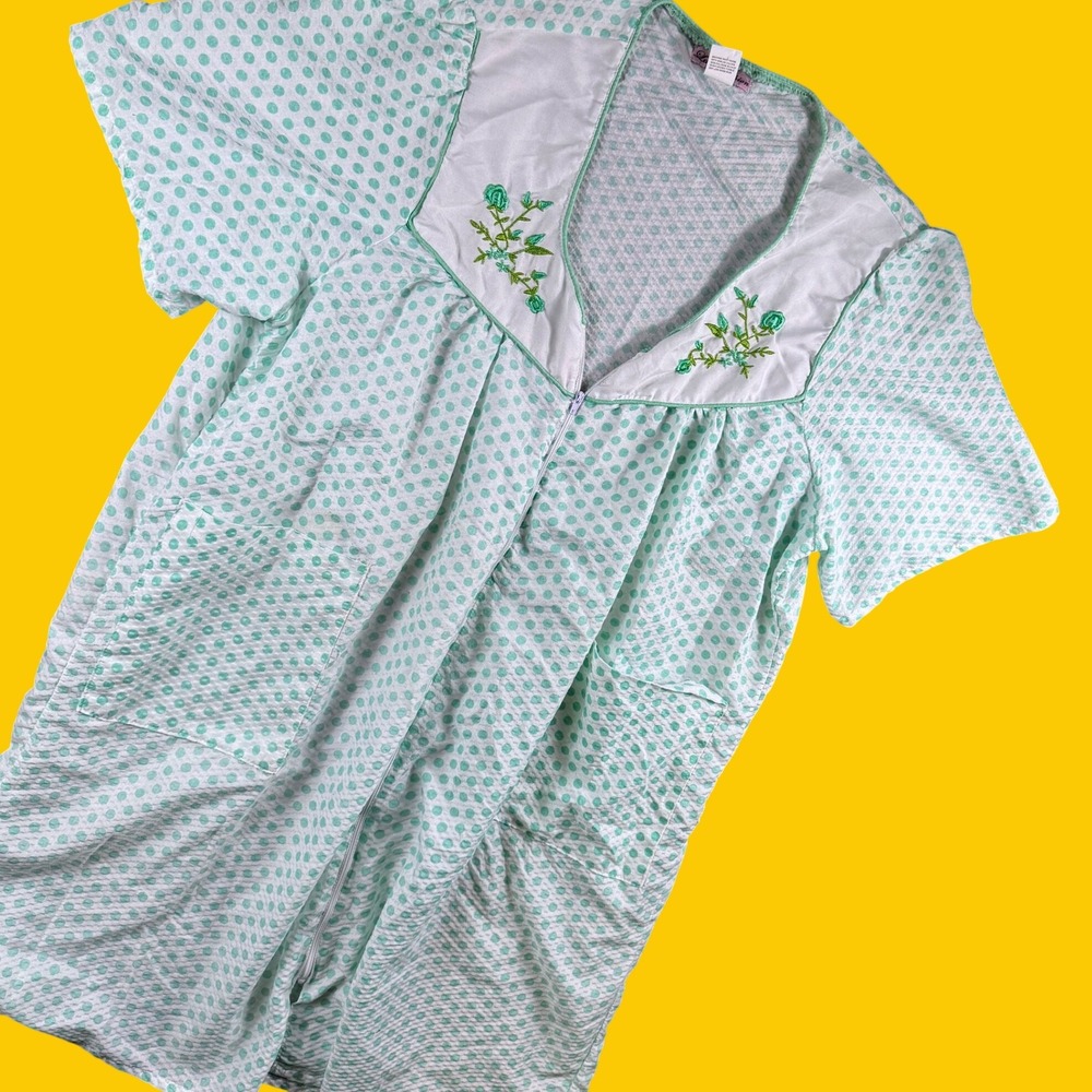 Lati Fashion House Coat Robe Women 5X Mint Green Polka Seersucker Embroidered